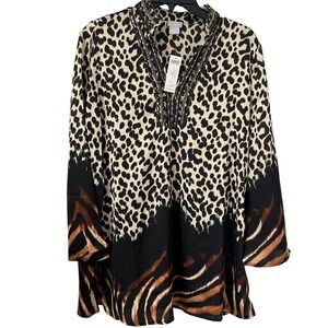 Chico's Embellished Mixed Animal Print Tunic Beaded Neckline Size 1 NWT